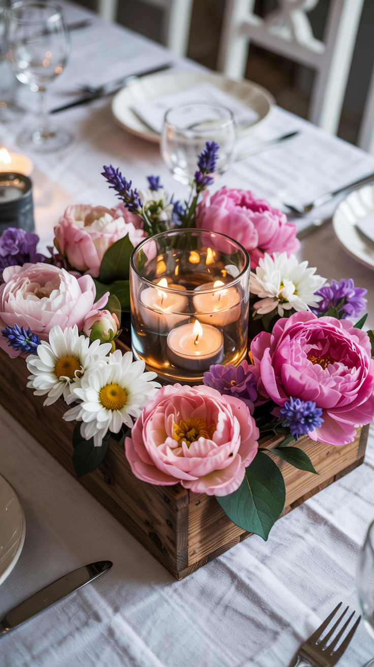A centerpiece on a table featuring pink peonies, white daisies, and purple flowers surrounding a glass candle holder with lit candles, set on a wooden box.