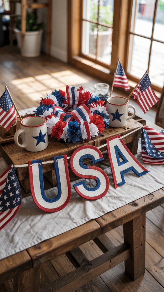 A wooden table decorated with American-themed items, including paper letters spelling "USA," small U.S. flags in mugs, and a garland of red, white, and blue decorations.