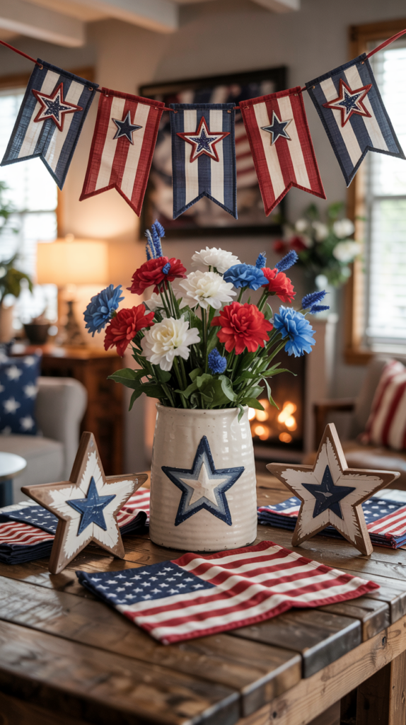 A patriotic table setting with a centerpiece of red, white, and blue flowers in a vase featuring a star emblem. The table is decorated with wooden stars, American flag napkins, and red, white, and blue bunting hanging above. The setting exudes a festive atmosphere, likely for a national holiday celebration.