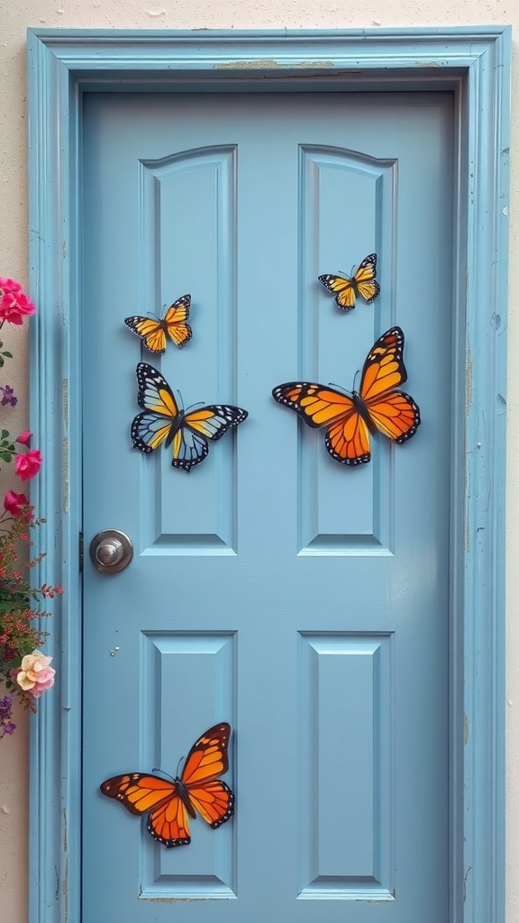 A light blue door adorned with several vibrant orange and black butterflies, with colorful flowers visible on the left side.
