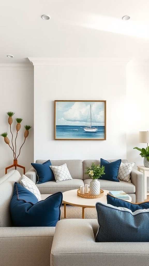 A cozy living room with two beige sofas arranged in an L-shape, accented with dark blue and patterned throw pillows. A round coffee table sits in the center with vases and plants. A framed painting of a sailboat on the sea hangs on the white wall above the sofa, enhancing the nautical theme.