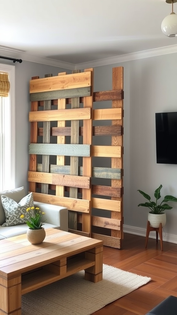 A living room featuring a wooden partition with a woven pattern of different shaded planks, a cozy sofa with patterned cushions, a wooden coffee table, and a potted plant on a woven rug, with hardwood flooring and white walls.
