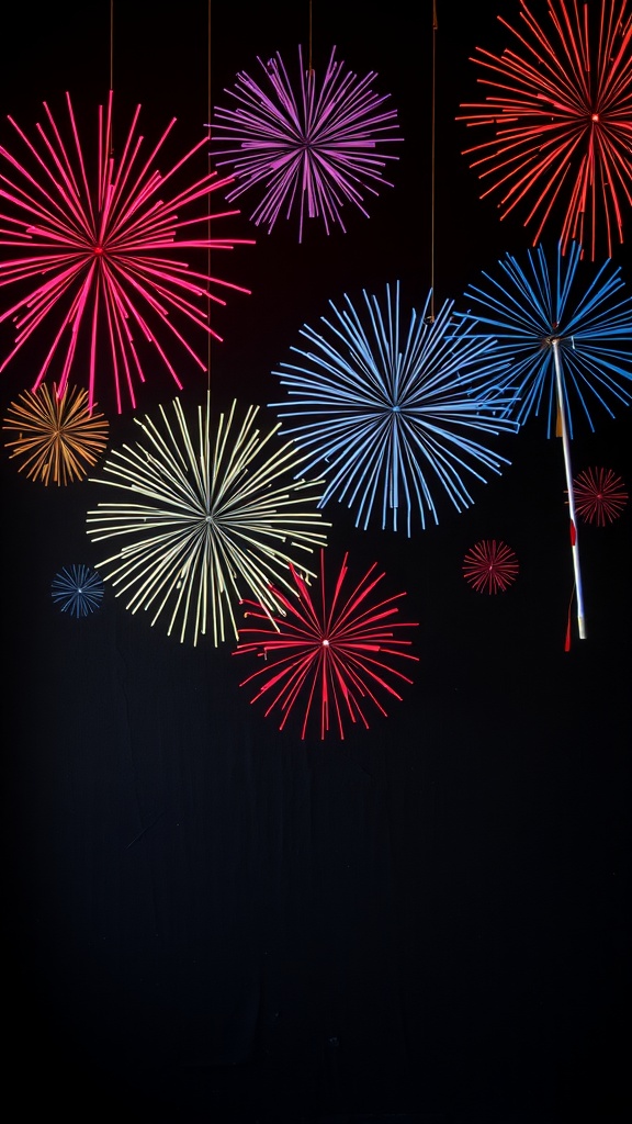 Colorful neon-style fireworks against a black background.