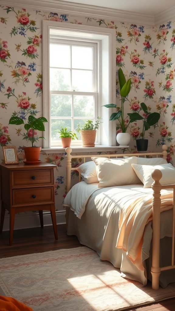 A cozy bedroom with floral wallpaper featuring pink and yellow flowers, a twin bed with white and beige bedding, and a wooden nightstand with potted plants and a framed photo. Sunlight streams through a window above the bed, illuminating the space, and additional plants sit on the windowsill.