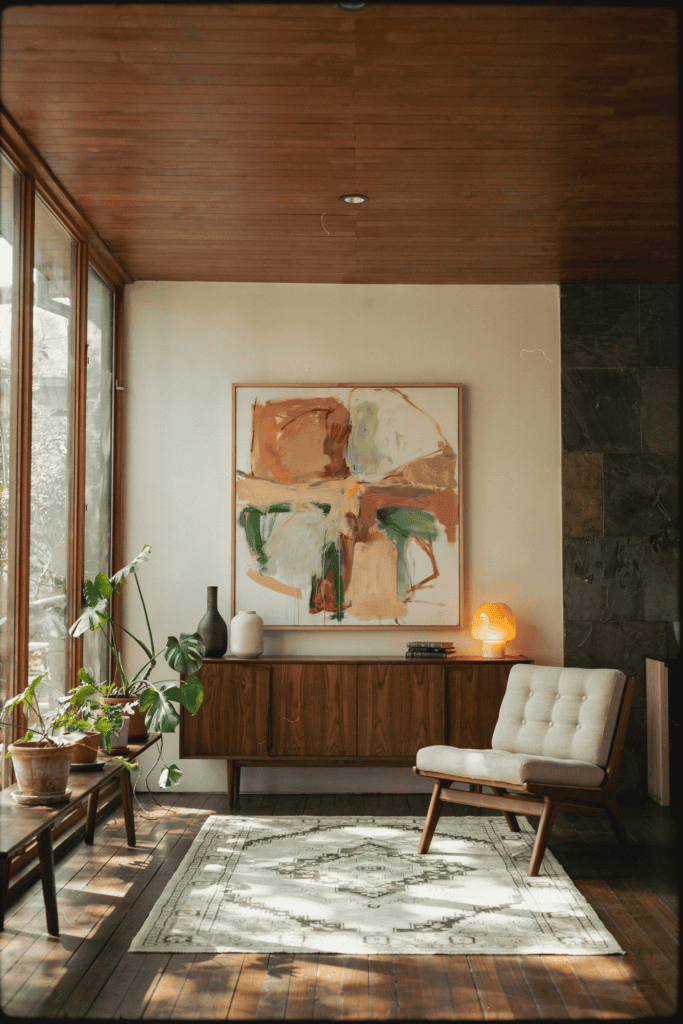 A cozy living room with wooden floors, a mid-century modern chair, a large abstract painting, and several potted plants.