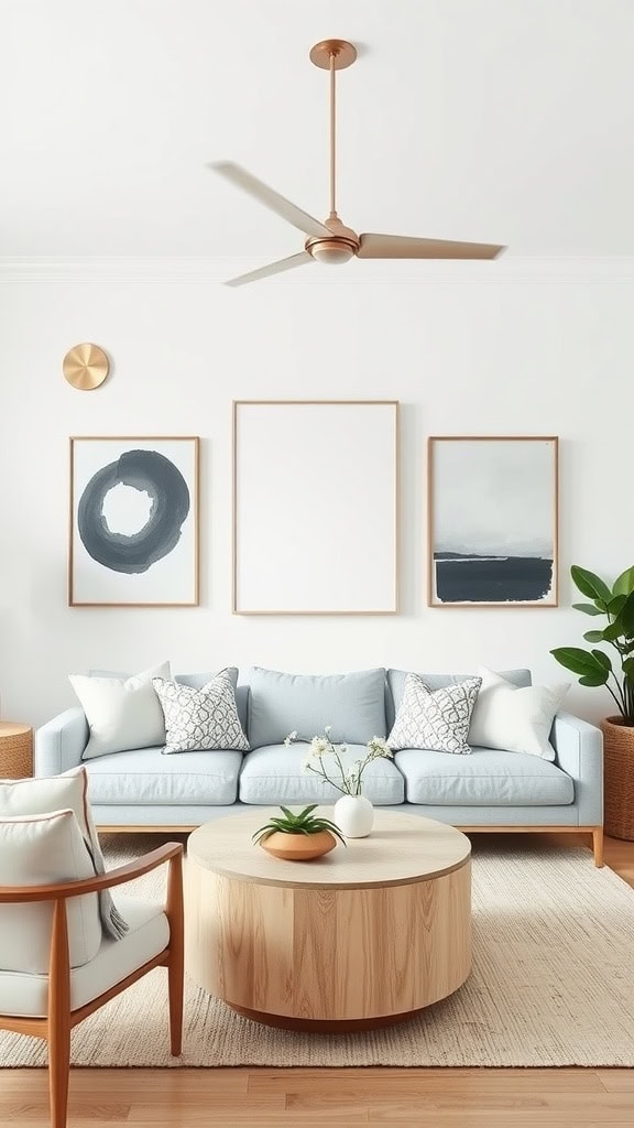 A modern living room featuring a light blue sofa with patterned cushions, a round wooden coffee table, and contemporary artwork on the wall. The room is decorated with a ceiling fan, potted plant, and a wooden armchair, all set on a light woven rug on a wooden floor.