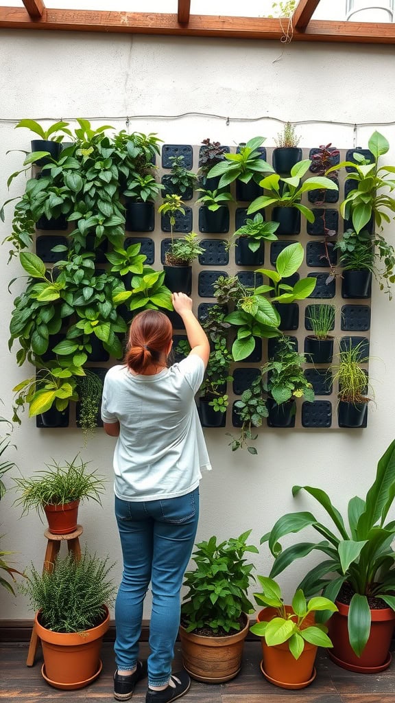 A person with tied-back hair and a white shirt tends to a vertical garden on an indoor wall, surrounded by various potted plants on the floor.