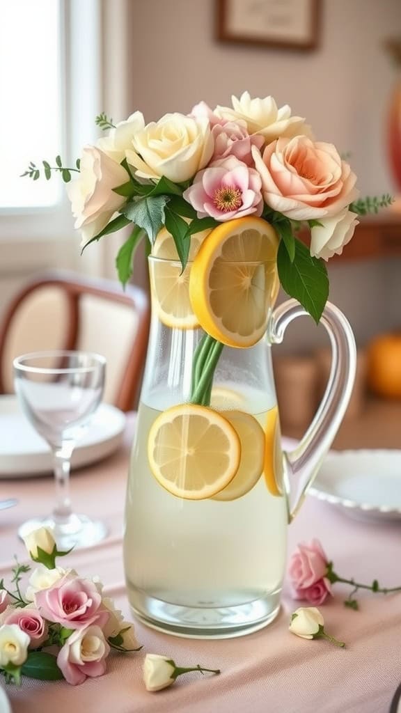A glass pitcher filled with lemonade and lemon slices is adorned with a bouquet of pink and white roses, placed on a table with a pastel tablecloth, surrounded by additional small flowers and a glass goblet.