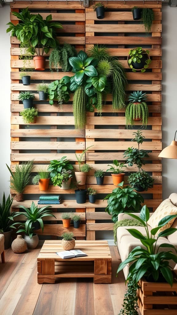 A living room with a wooden pallet wall adorned with various green potted plants. The room features a wooden pallet coffee table, a beige sofa, and a wooden floor, creating a cozy, nature-inspired atmosphere.