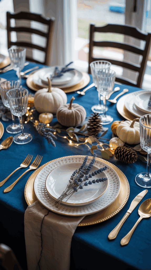 An elegant fall-themed table setting with a navy tablecloth, featuring plates and gold cutlery, decorative pumpkins, pinecones, lavender sprigs, and string lights.