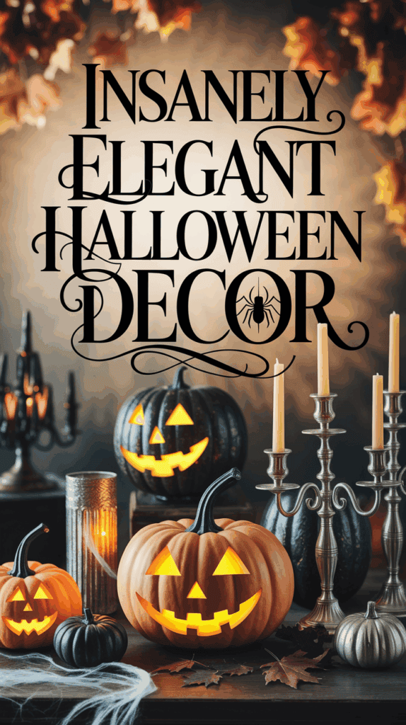 Halloween-themed decor with glowing jack-o'-lantern pumpkins, silver candelabras with lit candles, and autumn leaves, accompanied by the text 'Insanely Elegant Halloween Decor.'