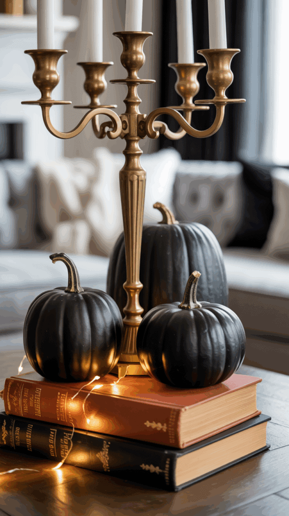 A decorative setup featuring three black pumpkins on top of stacked books, adorned with fairy lights, and a brass candelabra with white candles in a cozy living room setting.