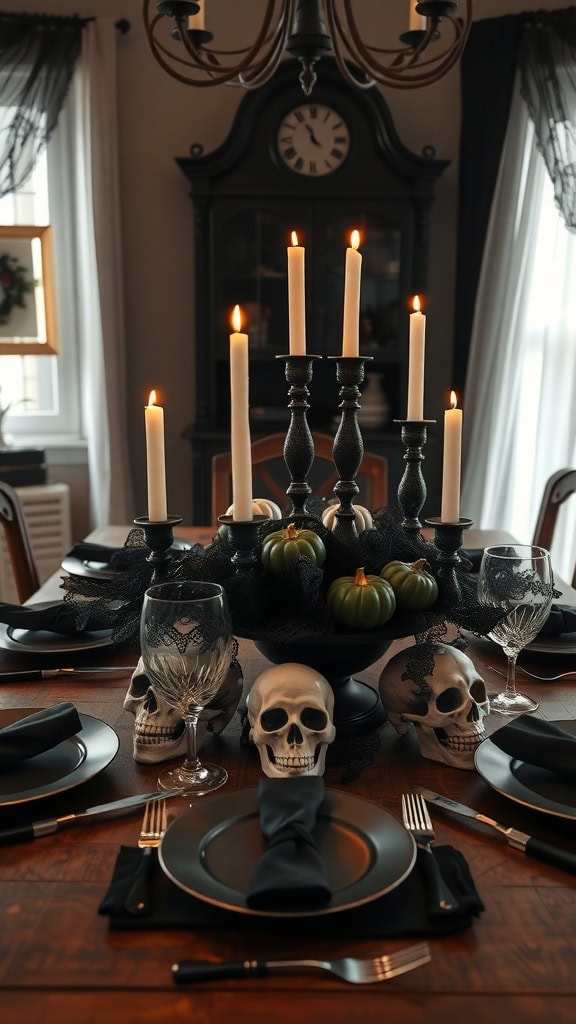 A Halloween-themed dining table with black plates and napkins, decorated with skulls, candles on a candelabra, and small green pumpkins under black lace.