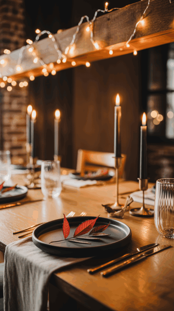 A warmly lit dining table set for a cozy meal, featuring black plates with decorative red leaves, gold cutlery, and lit black candles in brass holders, with string lights above for ambiance.
