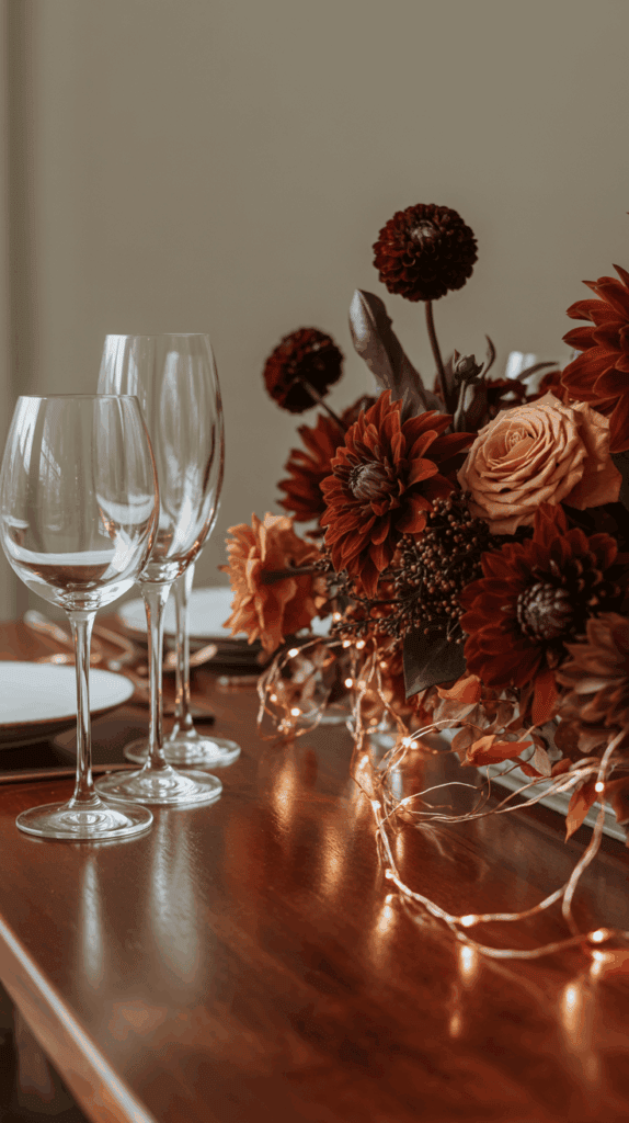 A wooden dining table set with empty wine glasses and an arrangement of autumn-colored flowers, including dahlias and roses, adorned with string lights.