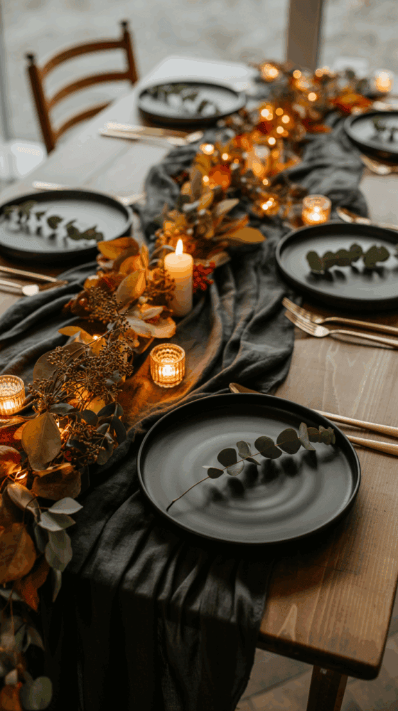 A decorated dining table with black plates and golden cutlery, adorned with a centerpiece of autumn leaves, eucalyptus, candles, and small lights on a dark fabric runner.