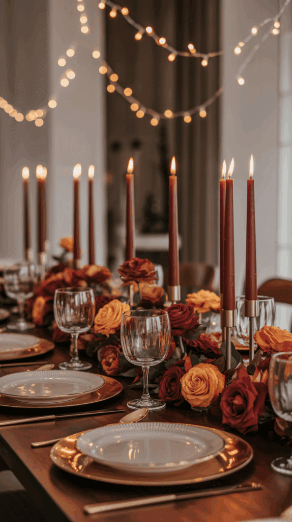 A beautifully set table with tall, red candles, surrounded by red and orange roses, glassware, and plates on gold chargers, with string lights in the background.