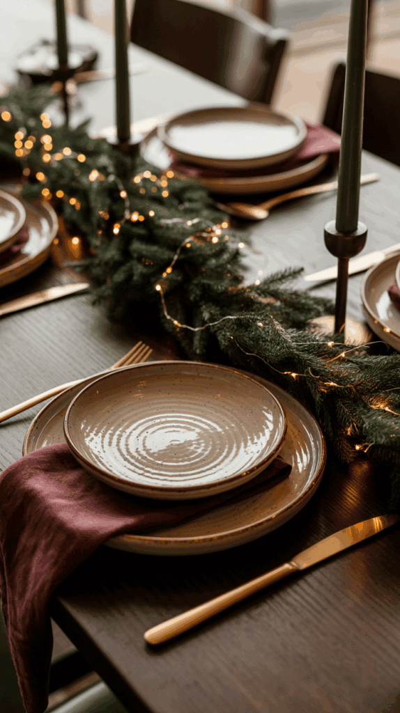 A table set for a festive dinner with earthy ceramic plates, burgundy napkins, and gold cutlery, adorned with greenery and delicate string lights.
