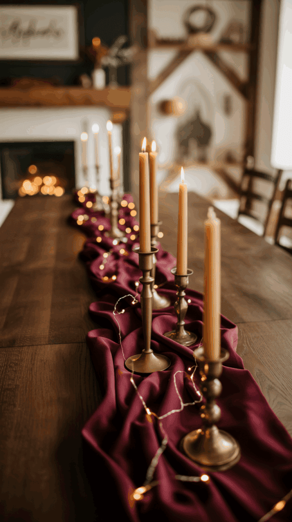 A wooden dining table decorated with lit candles in brass holders, a burgundy fabric runner, and small string lights, creating a cozy ambiance in a room with a blurred background of a fireplace and wall decor.