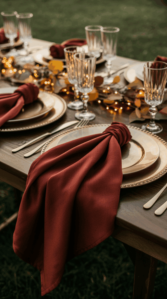A beautifully set outdoor table with gold-rimmed plates and red napkins arranged on top, accompanied by crystal glasses and illuminated by string lights and autumn leaves as decoration.