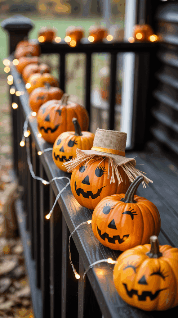 A row of jack-o'-lantern pumpkins with smiling faces, some wearing small burlap hats, are lined up on a porch railing decorated with string lights.