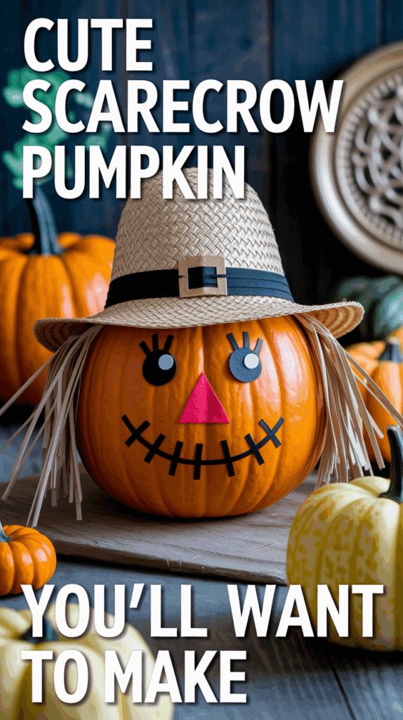 A pumpkin decorated as a scarecrow with a straw hat, black cut-out eyes, a red triangular nose, and a stitched smile. The text reads 'Cute Scarecrow Pumpkin You'll Want to Make.' Additional pumpkins and autumn decor are in the background.