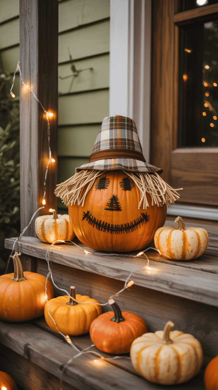 A carved pumpkin with a stitched smiley face and straw hair, wearing a plaid hat, is placed on a wooden porch step surrounded by smaller pumpkins and string lights.
