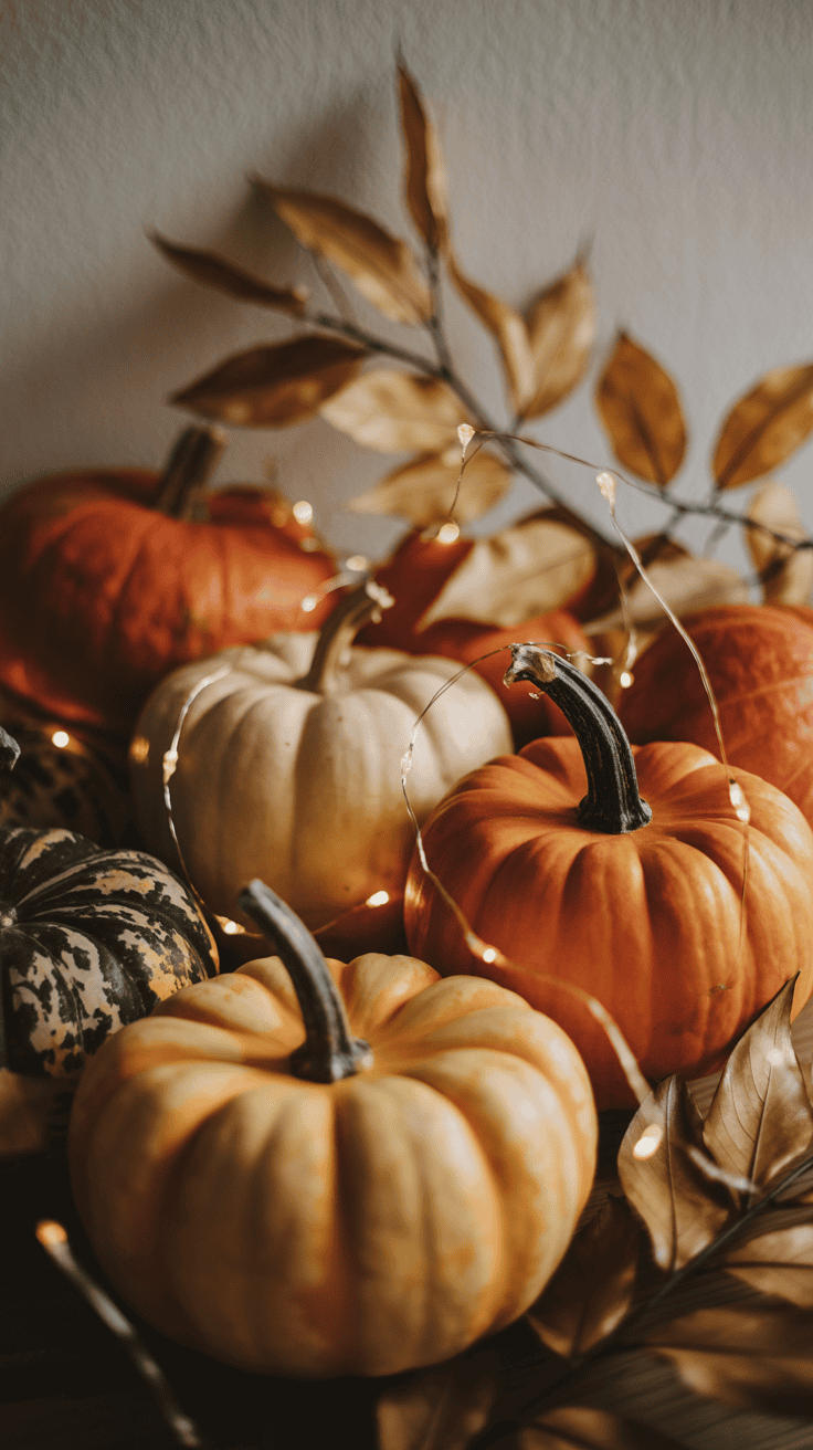 A collection of various colored pumpkins surrounded by autumn leaves and small string lights, creating a cozy fall atmosphere.