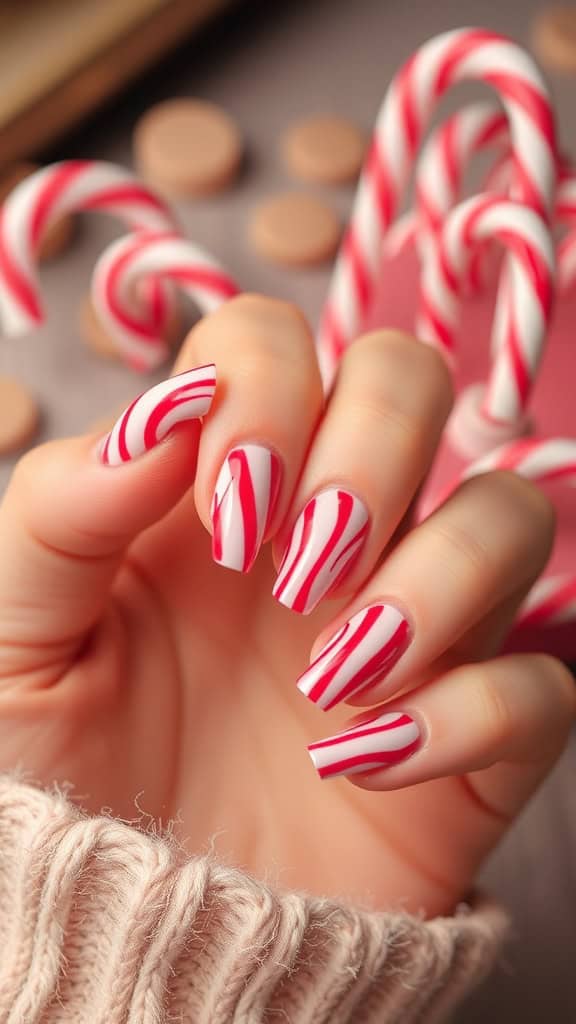 A hand with nails painted in a red and white candy cane stripe pattern, holding candy canes, with a soft-focus background and wearing a beige knitted sweater.
