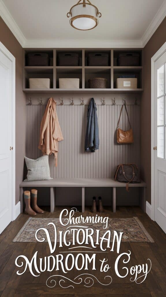 Stylish Victorian-style mudroom with wooden bench, hooks for hanging items, storage bins, and boots. Text reads "Charming Victorian Mudroom to Copy."