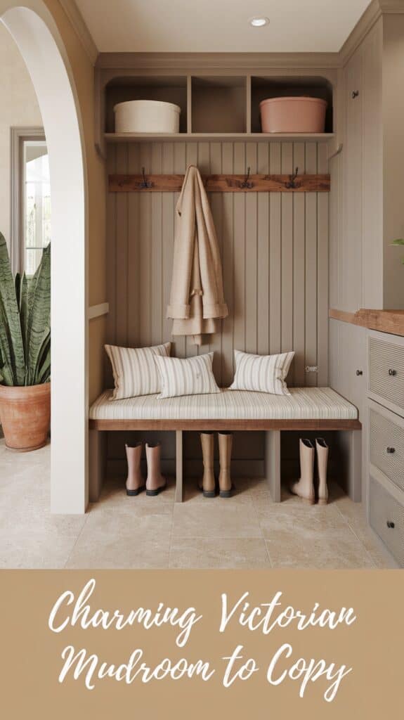 A mudroom with Victorian design, featuring a built-in bench with striped cushions and storage underneath for boots. Coats are hanging on hooks above the bench, and there are decorative baskets on upper shelves. A potted plant is visible in the background.