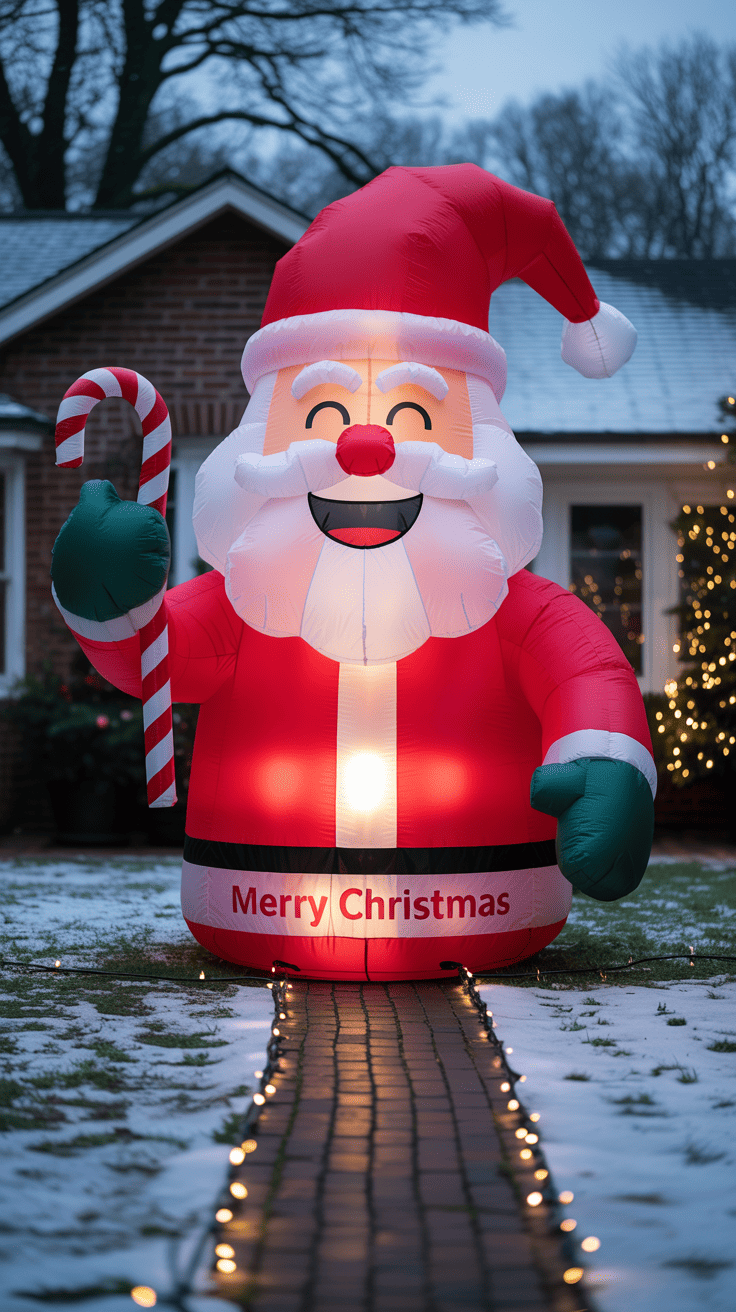 A large inflatable Santa Claus holding a candy cane stands in the front yard of a house, with a path lined with Christmas lights leading up to it. The words 'Merry Christmas' are printed on Santa's outfit, and a light dusting of snow covers the ground.