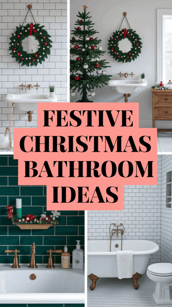 Collage of festive bathroom decor ideas, featuring Christmas wreaths, a decorated tree, and green tiled walls, with text reading 'Festive Christmas Bathroom Ideas.'