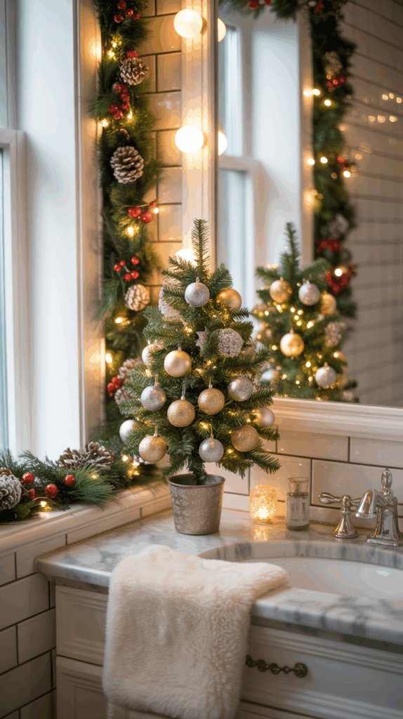 A small Christmas tree decorated with gold and silver ornaments stands on a bathroom counter next to a sink, surrounded by festive garland with pine cones and red berries, illuminated by soft lighting.