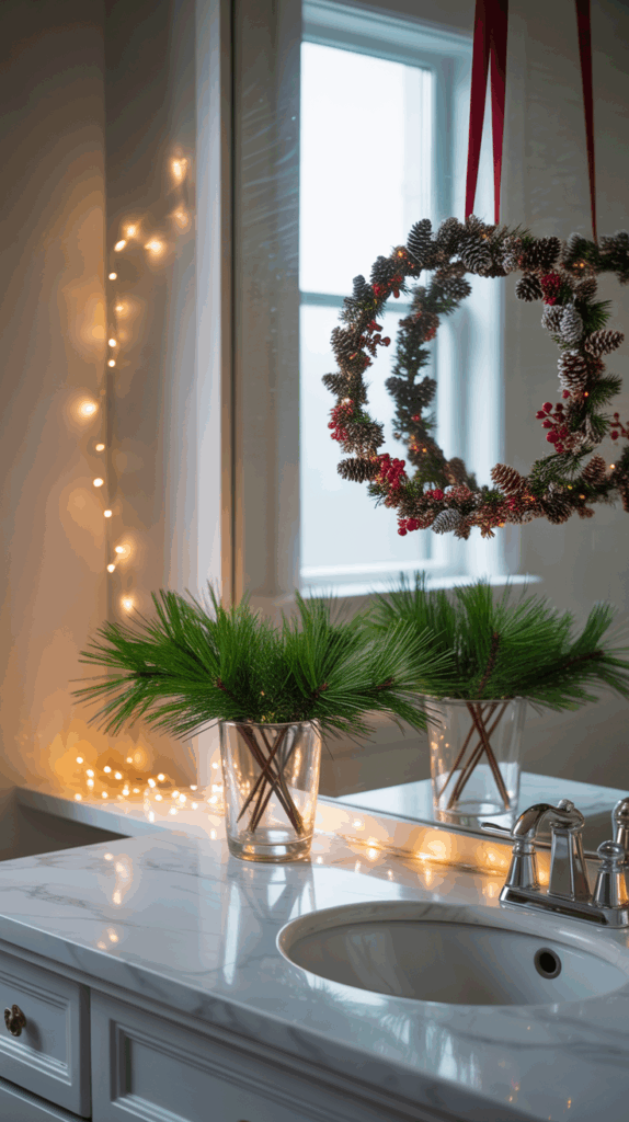 A festive bathroom countertop decorated with a pine wreath hung by red ribbons in front of a mirror, accompanied by a glass vase with green pine branches and warm string lights along the wall.