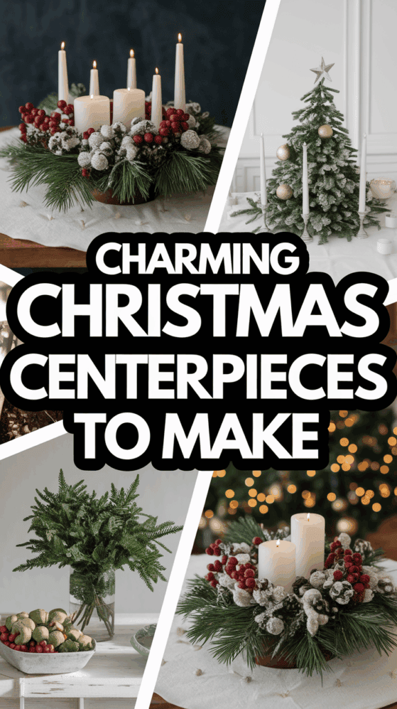 Collage of Christmas centerpieces featuring arrangements with candles, pine branches, and festive decorations, alongside text that reads, 'Charming Christmas Centerpieces to Make.'