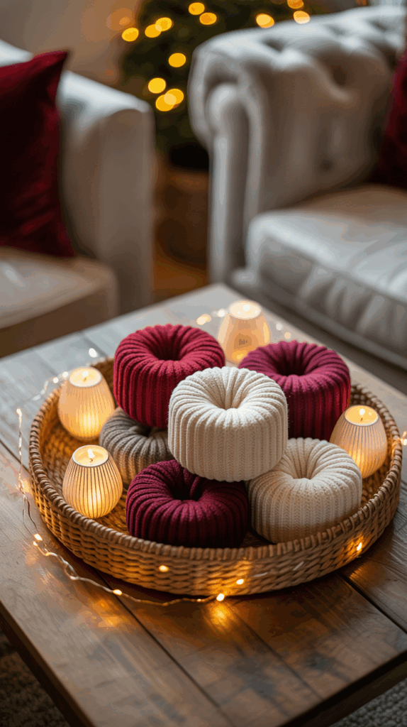 A wicker tray on a wooden table holds several knitted decorative poufs in red, white, and beige colors, surrounded by lit candles and fairy lights, with blurred couches in the background.