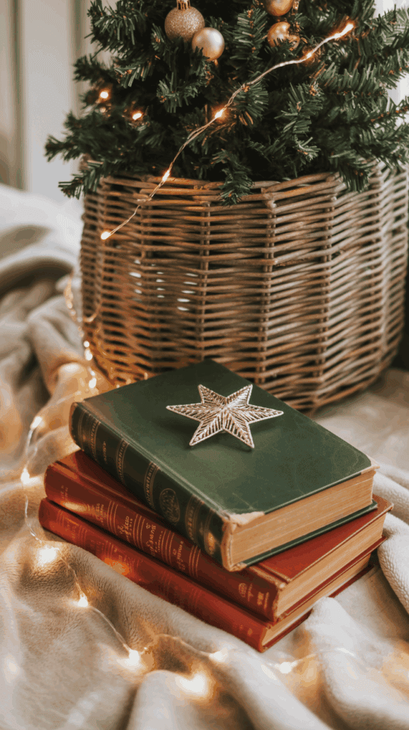 A stack of vintage books with a silver star ornament on top, placed on a cozy fabric with string lights, next to a wicker basket holding a decorated Christmas tree with golden baubles.