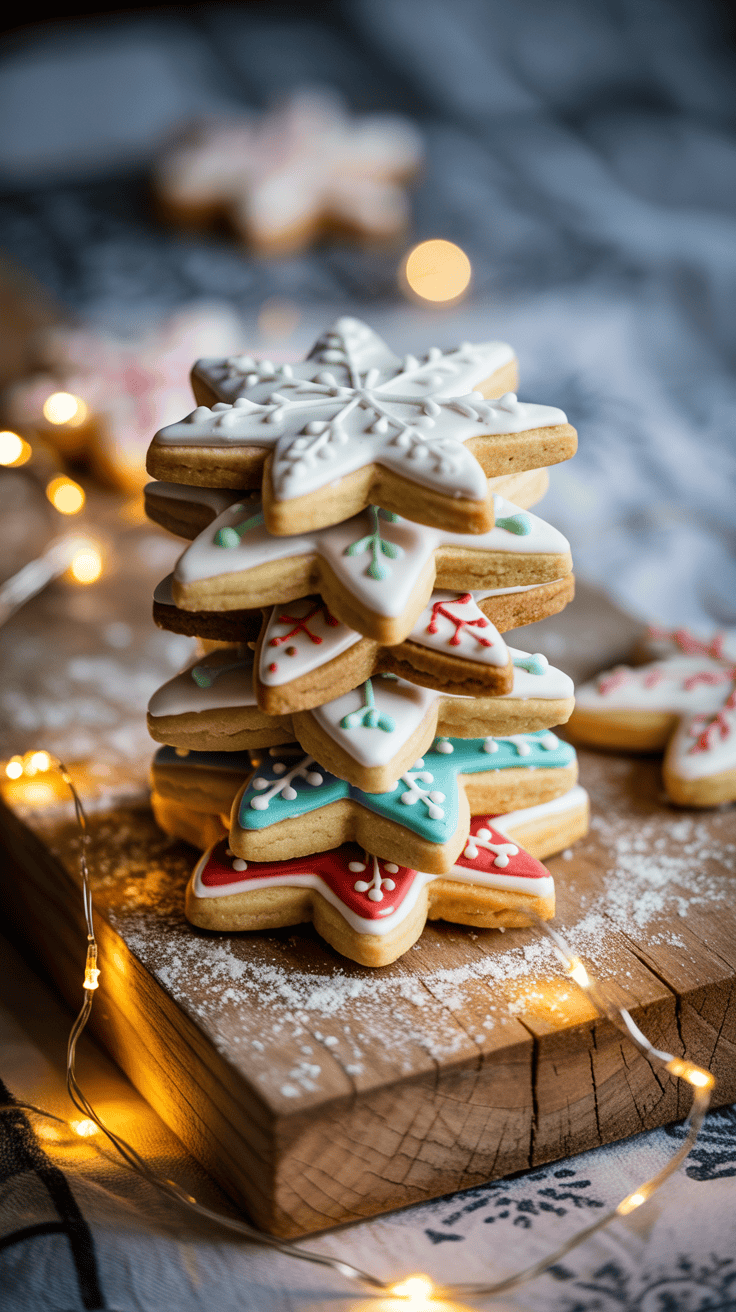 A stack of snowflake-shaped cookies with colorful icing decorations in white, red, and blue, placed on a wooden cutting board dusted with flour, surrounded by warm fairy lights.