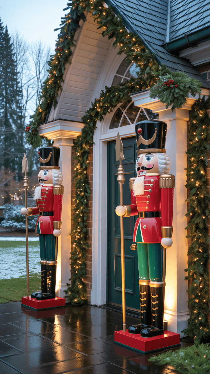 Two large nutcracker statues stand on either side of a doorway decorated with garlands and lights, creating a festive holiday scene.