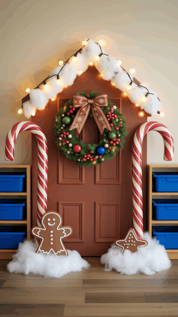 A festive door decorated as a gingerbread house with a wreath adorned with baubles and a bow, flanked by large candy cane props. Two storage shelves with blue bins are on either side, and there are cotton snow piles with gingerbread cookie cutouts at the base. String lights with cotton "snow" are draped above, completing the holiday theme.