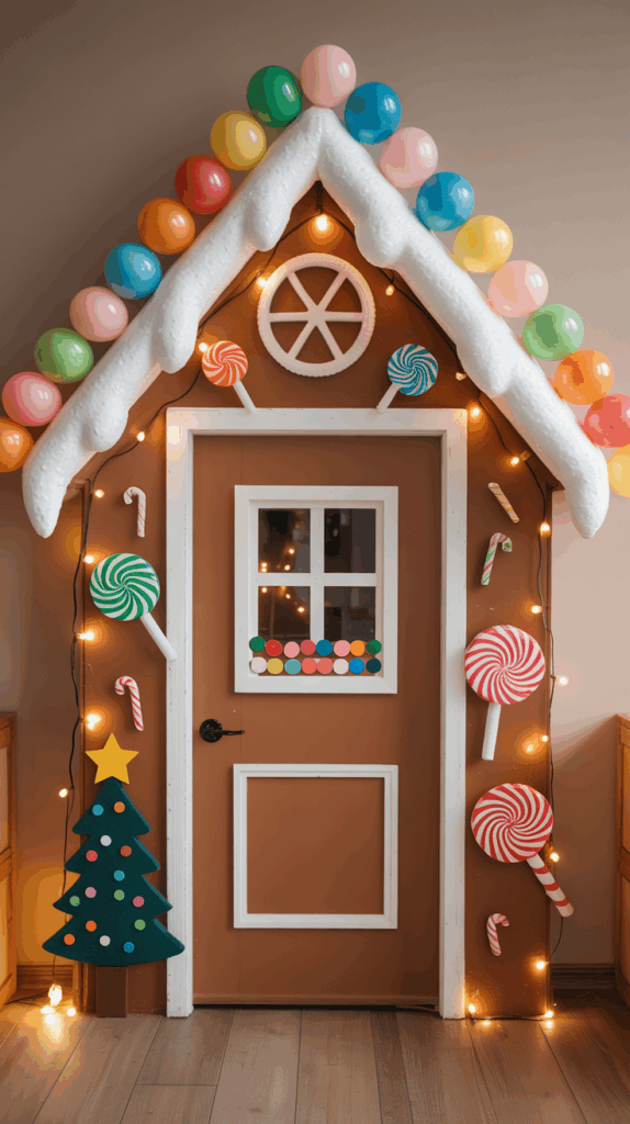 A whimsical gingerbread house door decorated with colorful balloons, candy cane cutouts, and large lollipop decorations. The roof is lined with artificial snow and string lights, and a felt Christmas tree adorns the side, adding to the festive atmosphere.