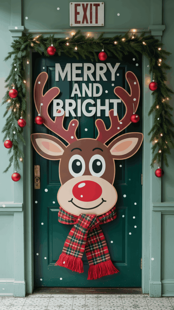 A festive door decoration featuring a large reindeer face with a red nose and antlers, embellished with the words 'Merry and Bright.' The door is adorned with green garlands, red baubles, and white snow-like dots, with an 'EXIT' sign above.