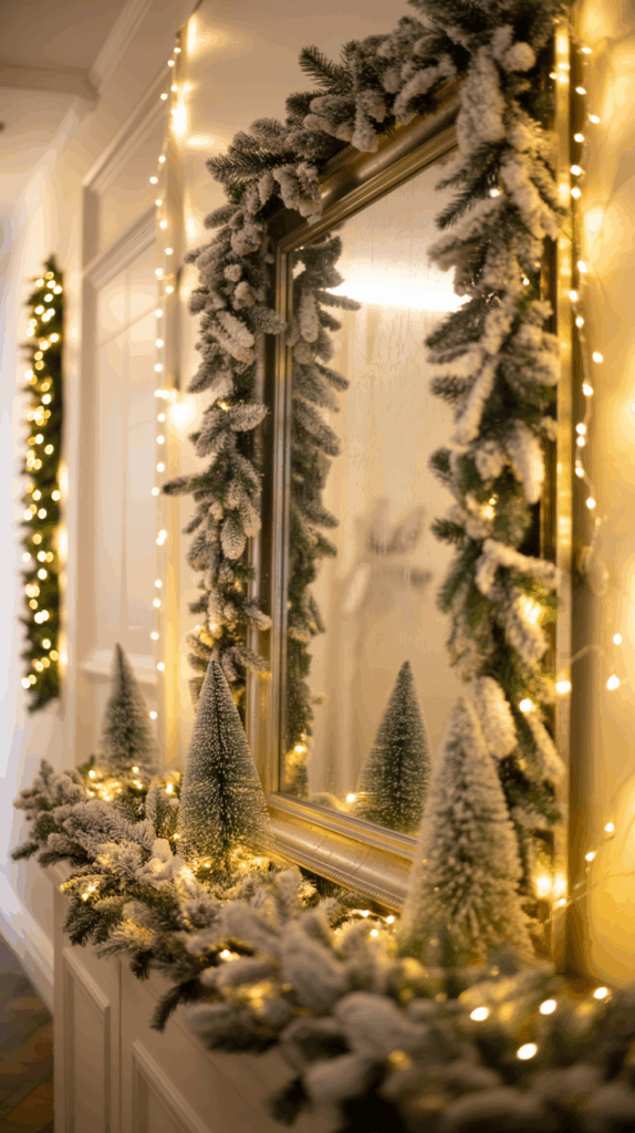 A frosted mirror adorned with snow-covered pine garlands and miniature Christmas trees, decorated with warm white string lights.