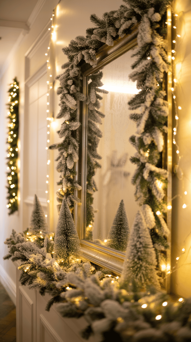 A frosted mirror adorned with snow-covered pine garlands and miniature Christmas trees, decorated with warm white string lights.