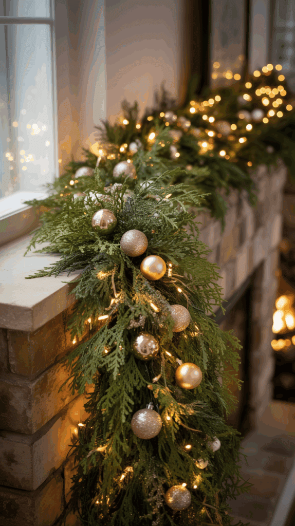 A fireplace mantel decorated with lush green garland, adorned with gold and silver baubles and string lights, creating a festive atmosphere.