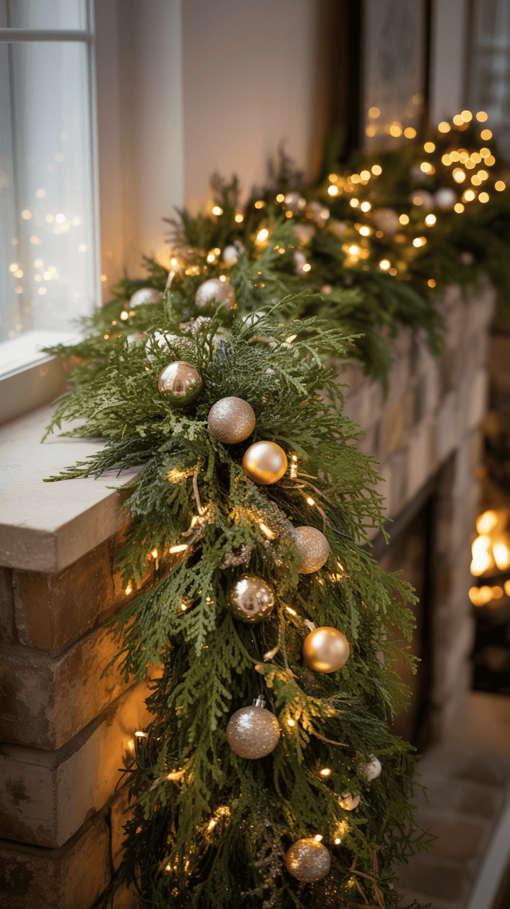 A fireplace mantel decorated with lush green garland, adorned with gold and silver baubles and string lights, creating a festive atmosphere.