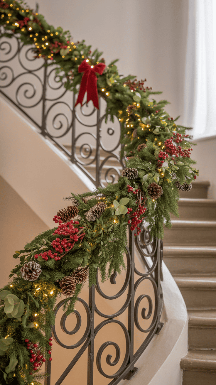 A curving staircase decorated with festive garland featuring green pine branches, red berries, pinecones, and illuminated with warm fairy lights, accented by a red bow.