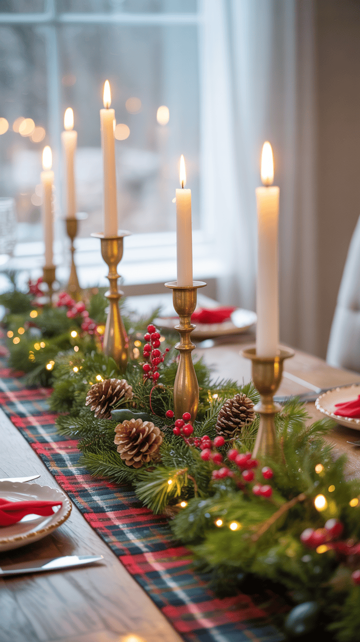 A festive table setting with lit candles in brass holders and a centerpiece of pine branches, pine cones, and red berries on a plaid table runner.