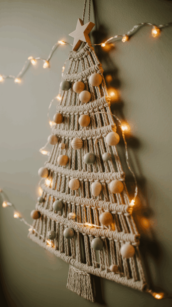 A macramé Christmas tree wall hanging decorated with green and wooden beads, topped with a wooden star, and accented with string lights.